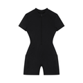 Black, short-sleeve jumpsuit with front zipper, fitted waist, and mid-thigh length.