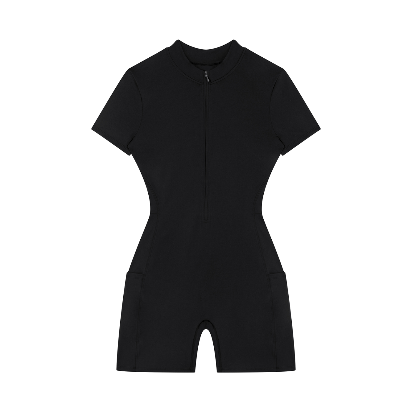 Black, short-sleeve jumpsuit with front zipper, fitted waist, and mid-thigh length.