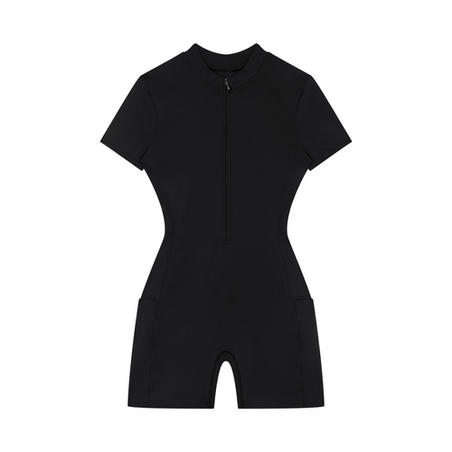 Black, short-sleeve jumpsuit with front zipper, fitted waist, and mid-thigh length.