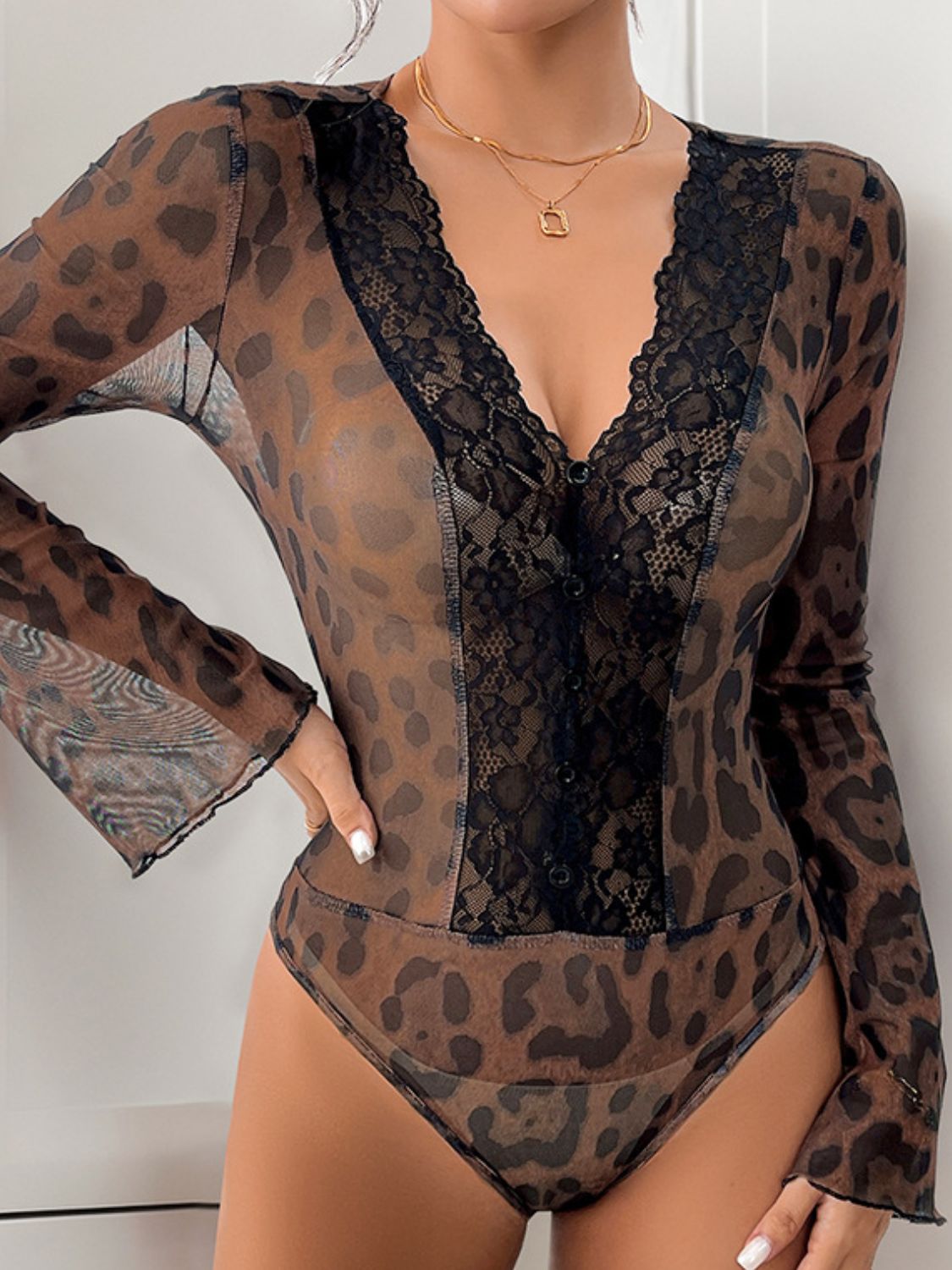 Leopard V-Neck Lace Bodysuit