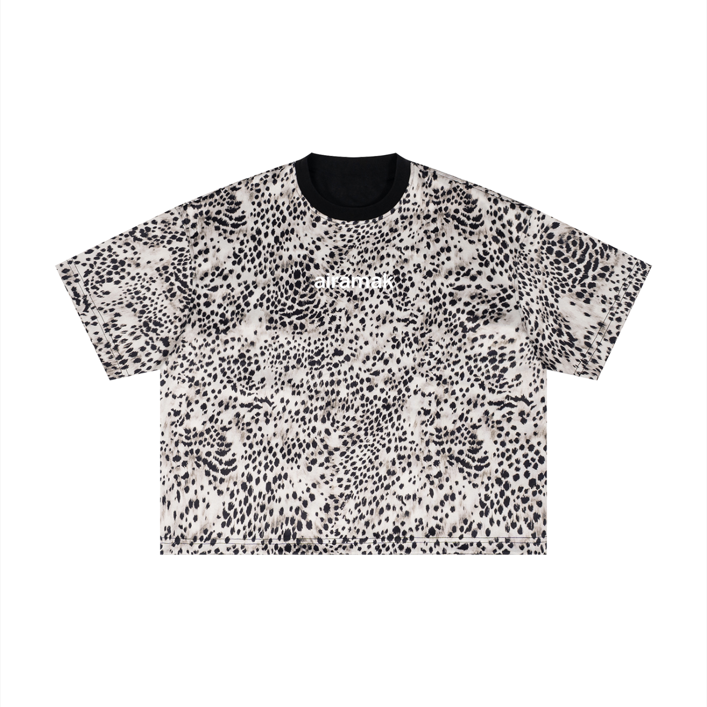Short-sleeve shirt with black and white abstract dotted pattern, black collar.