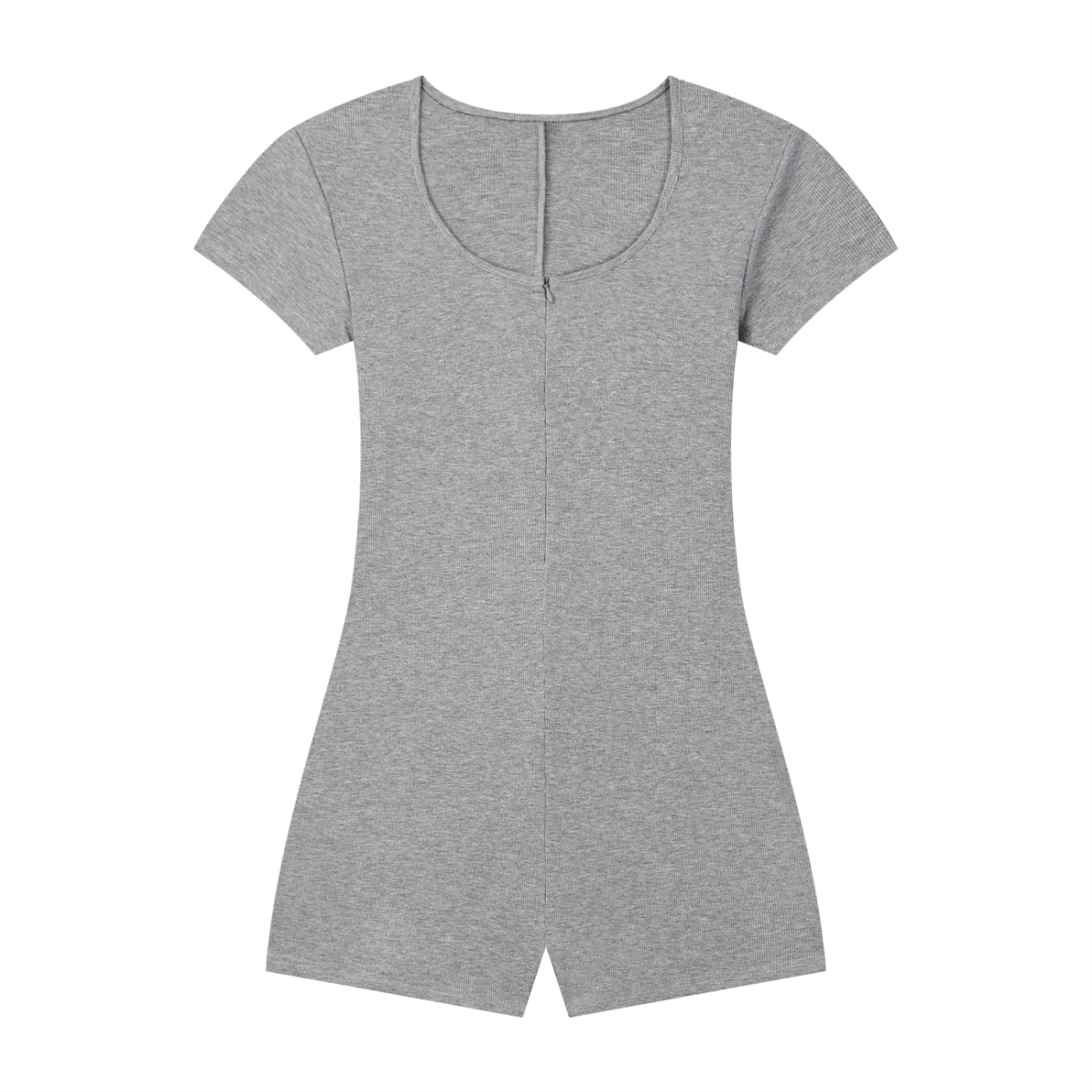Gray short-sleeve romper with a scoop neckline and shorts.