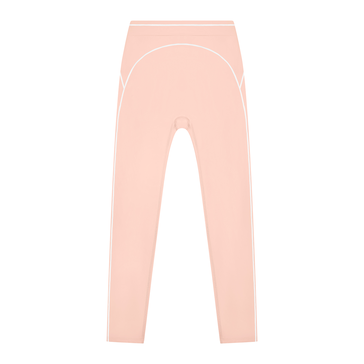 Pale pink leggings with white piping accents, high-waisted design, and full-length cut.
