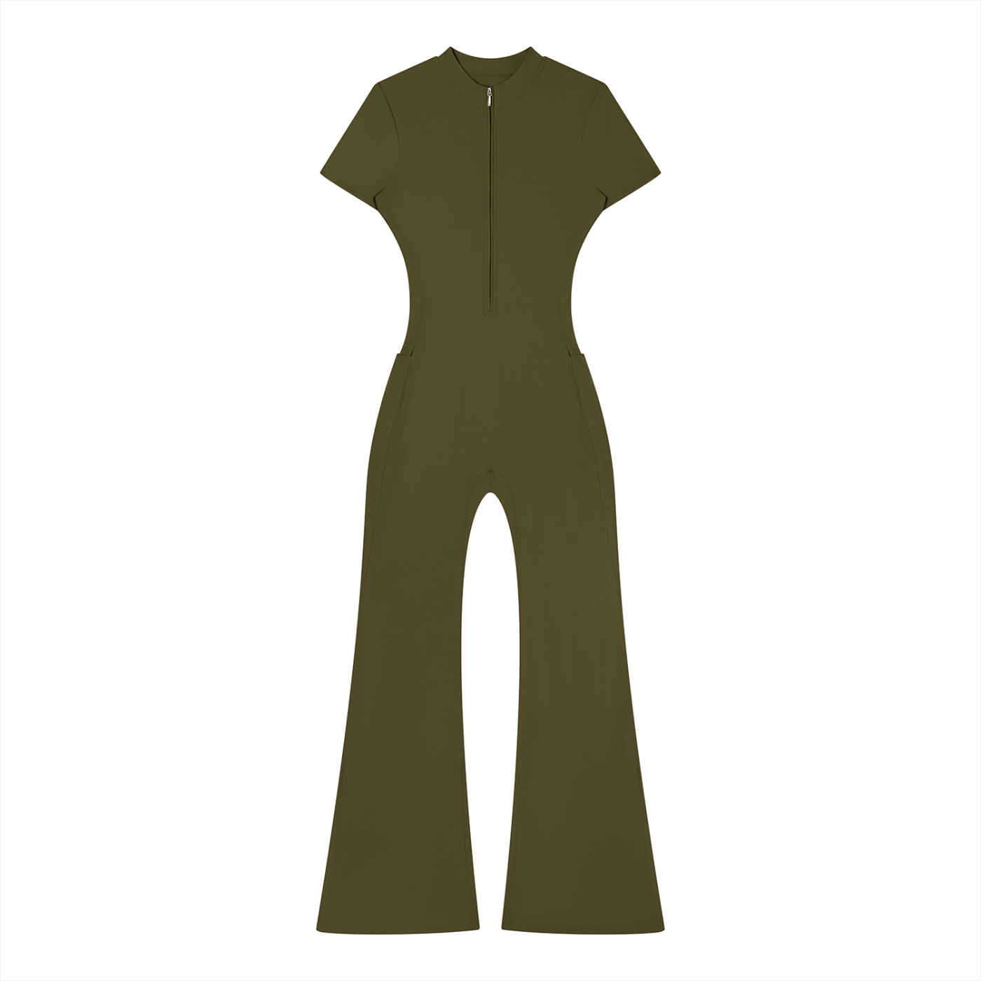 Olive green jumpsuit with short sleeves and flared legs, featuring a front zipper.