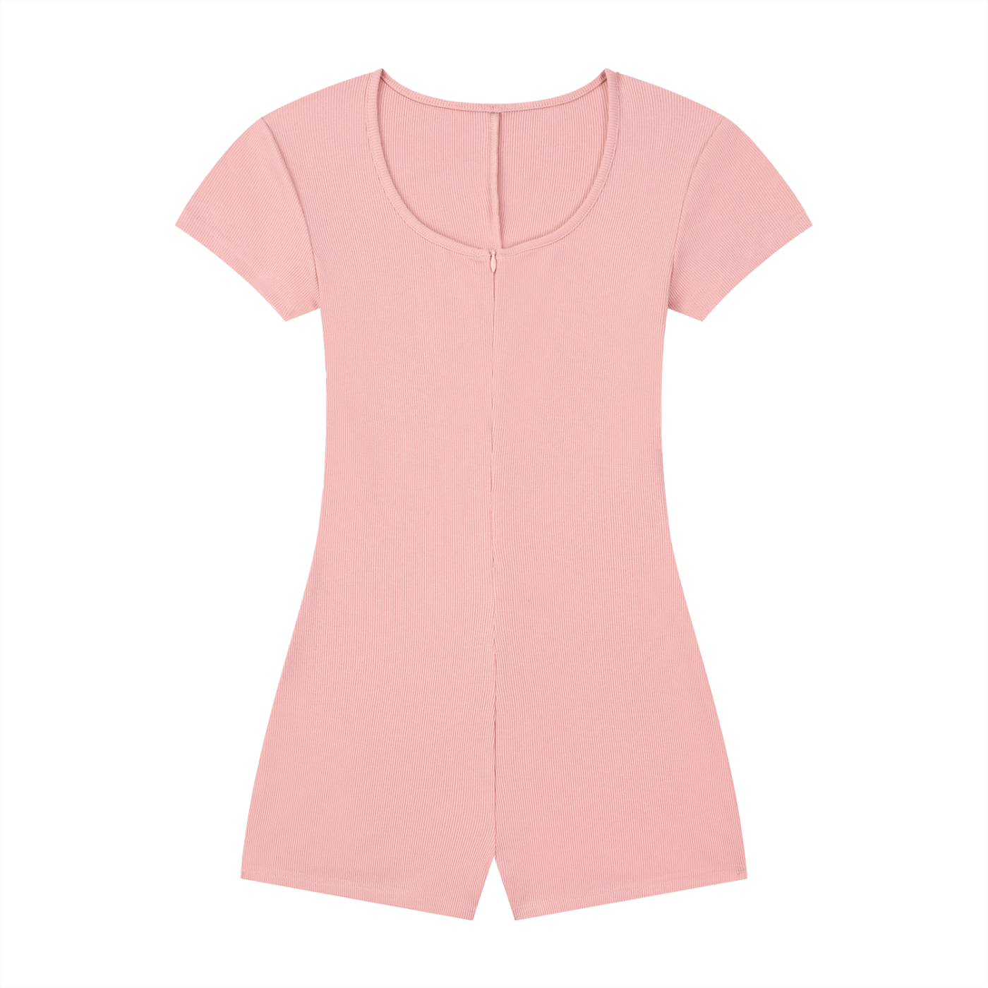 Pink short-sleeve romper with a scoop neckline and front seam.