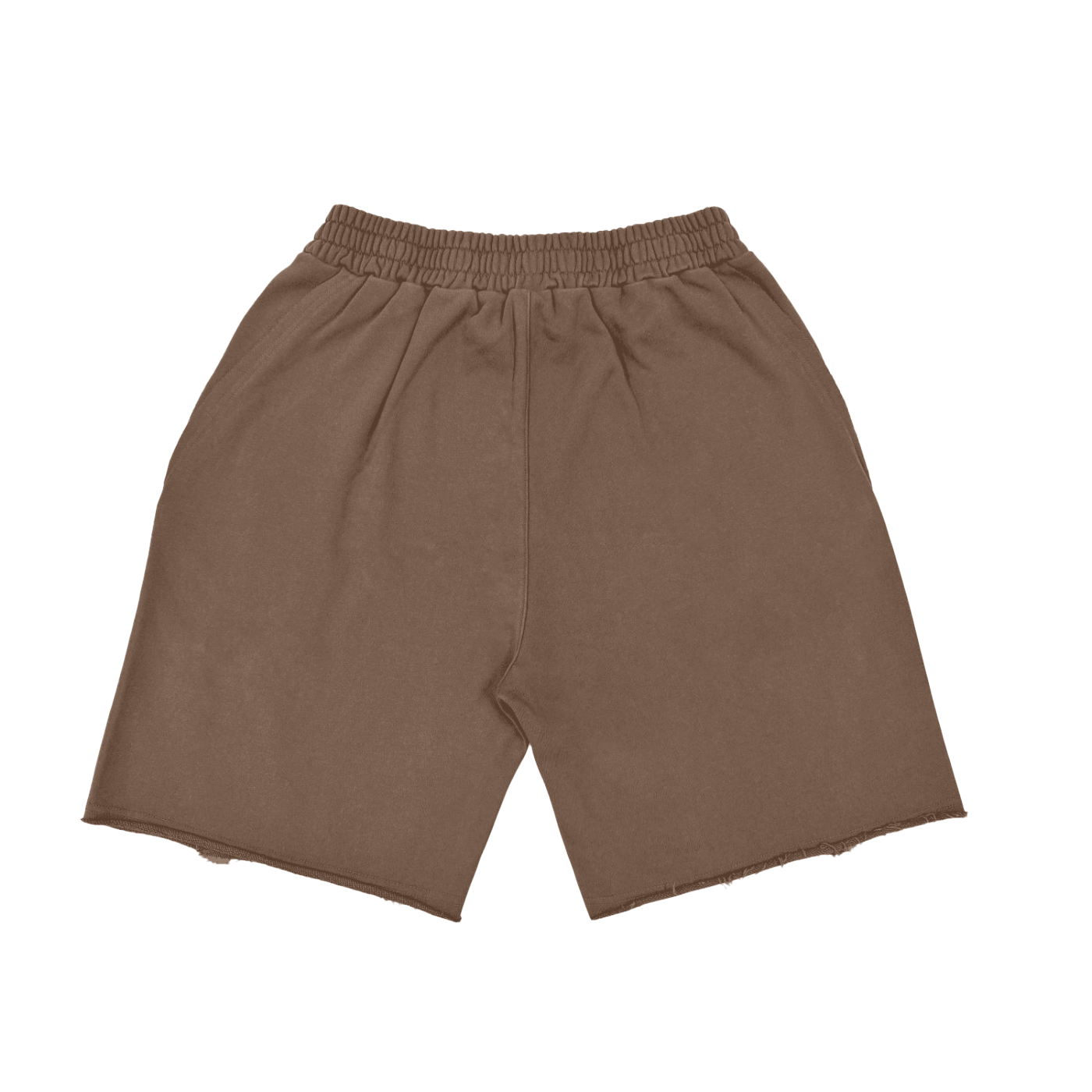 Brown shorts with an elastic waistband and raw hem edges.