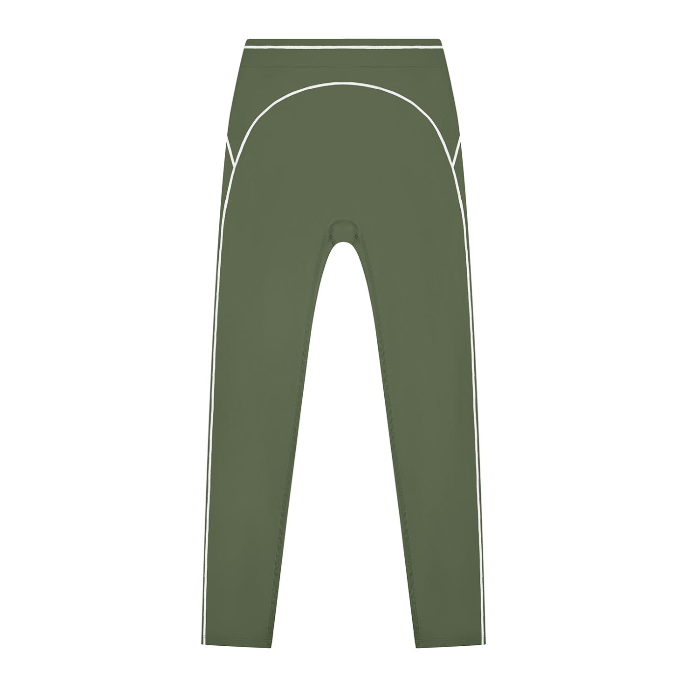 Olive green leggings with white piping outlining curves and seams on a white background.