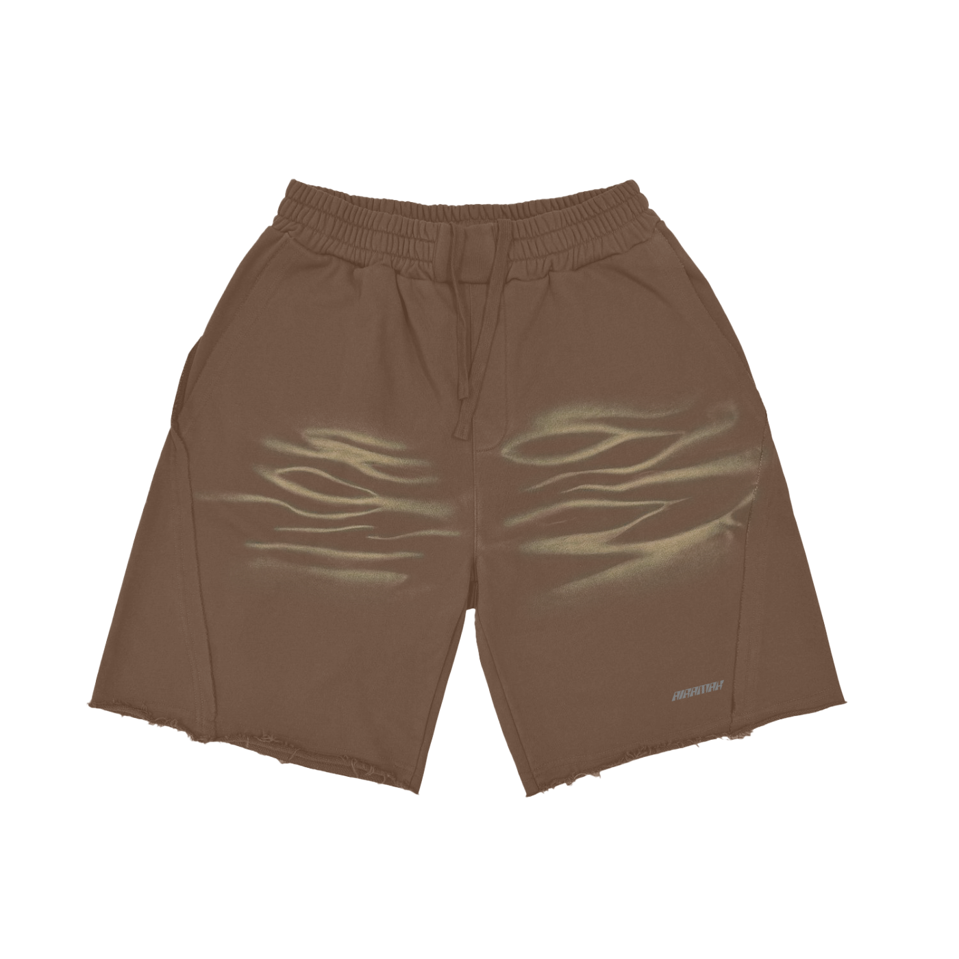 Brown shorts with elastic waistband, subtle wave patterns, and frayed hems.