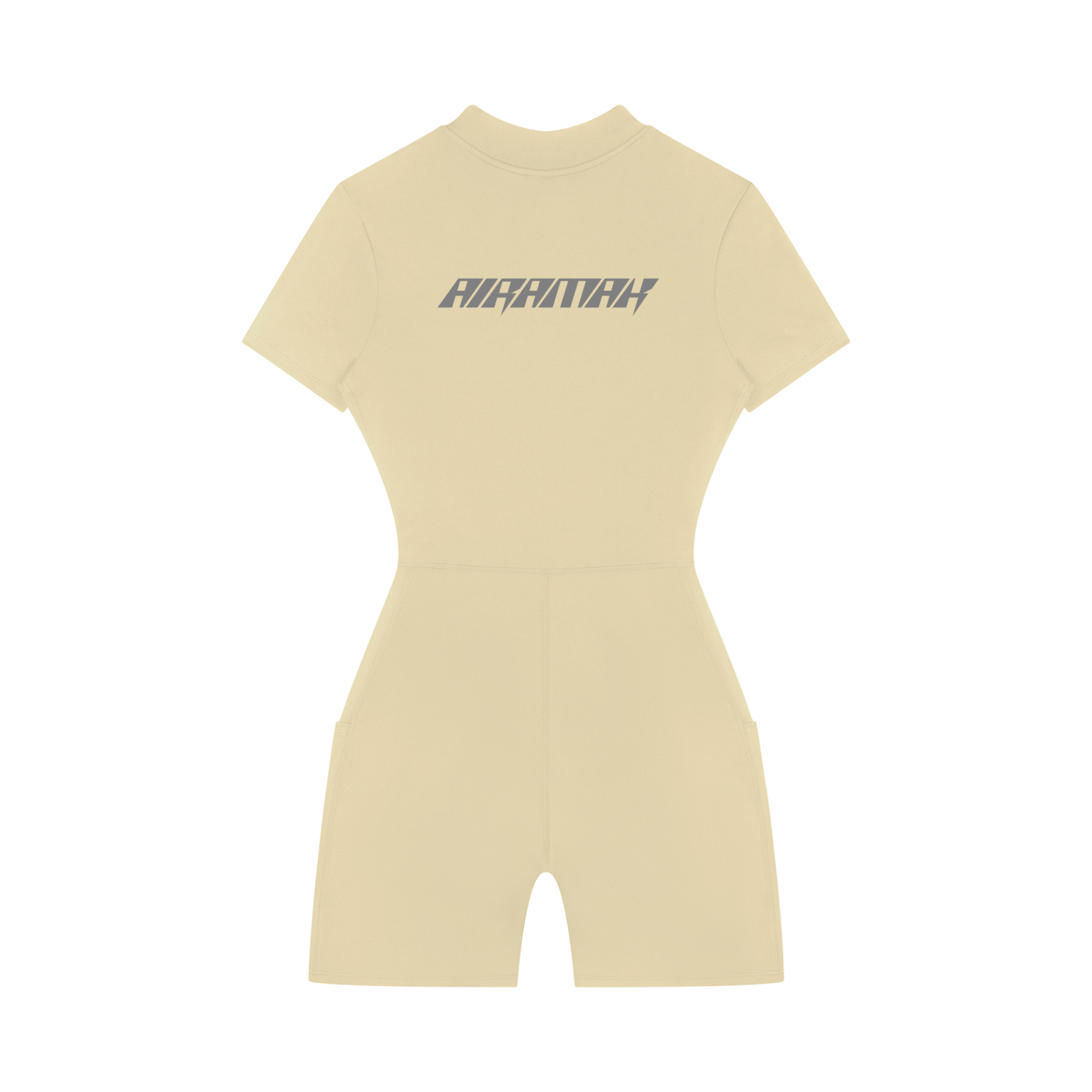 Beige short-sleeve romper with "AIRWALK" text on the back, featuring a fitted waist.