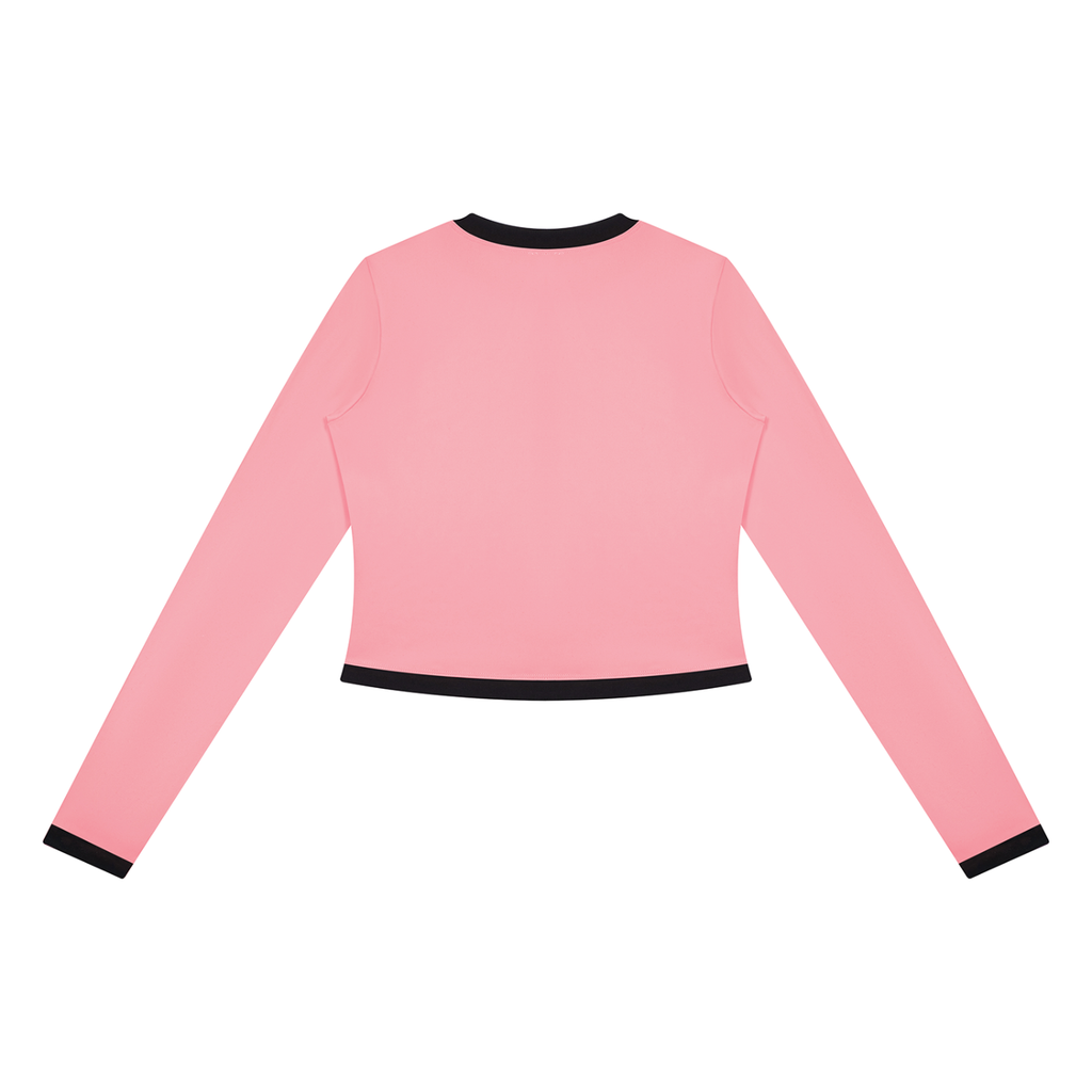 Pink long-sleeve shirt with black trim on cuffs, collar, and hem, viewed from the back.