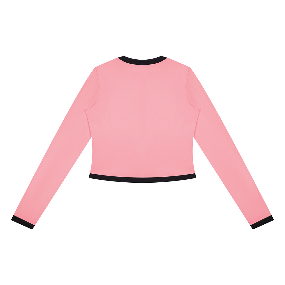 Pink long-sleeve shirt with black trim on cuffs, collar, and hem, viewed from the back.