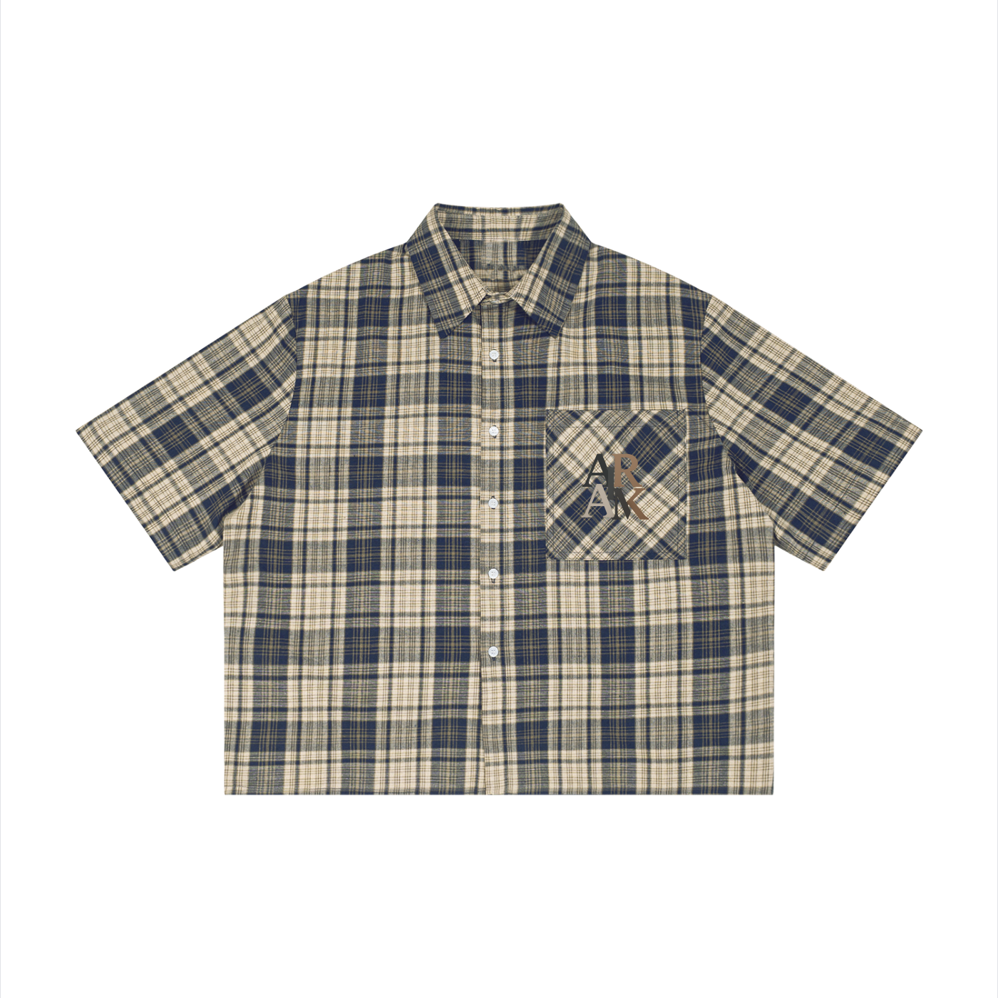 Beige and navy plaid short-sleeve shirt with a chest pocket on a white background.
