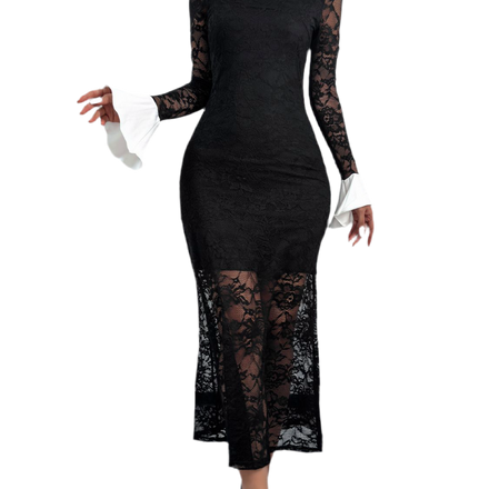 Lace Contrast Collared Neck Long Sleeve Midi Dress