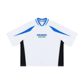 White sports jersey with blue trim, blue accents, and black side panels. "AIRAMAK ATHLETIC" text.