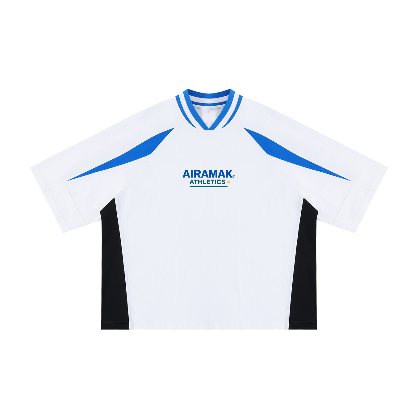 White sports jersey with blue trim, blue accents, and black side panels. "AIRAMAK ATHLETIC" text.