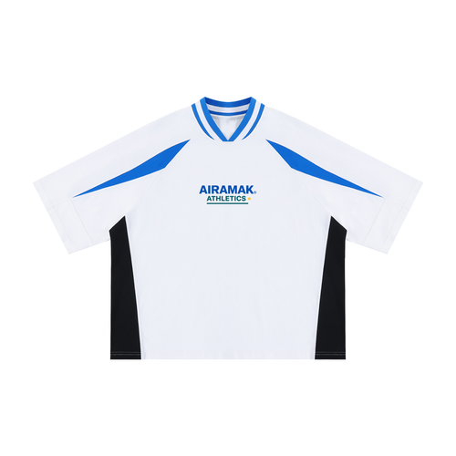 White sports jersey with blue trim, blue accents, and black side panels. "AIRAMAK ATHLETIC" text.