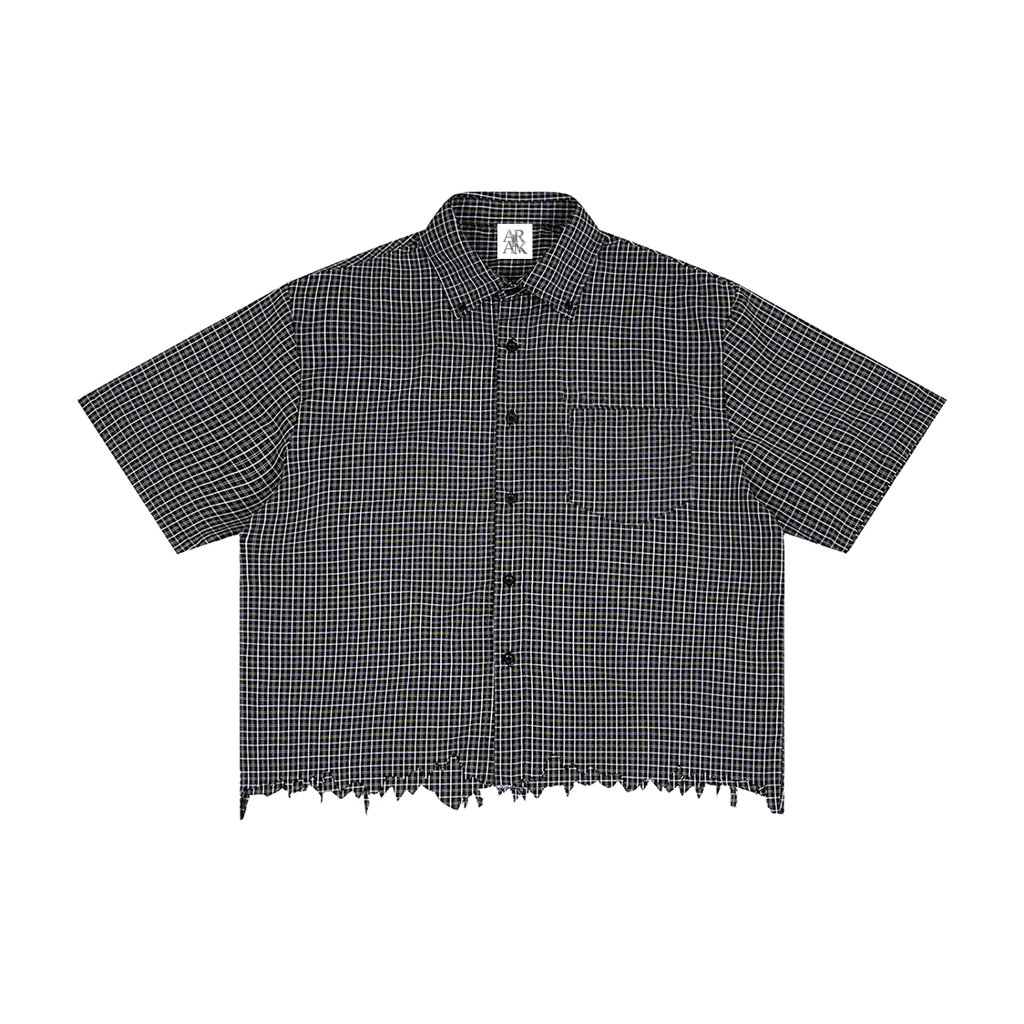 Checkered short-sleeve shirt with a frayed hem, front pocket, and button-up design in dark colors.