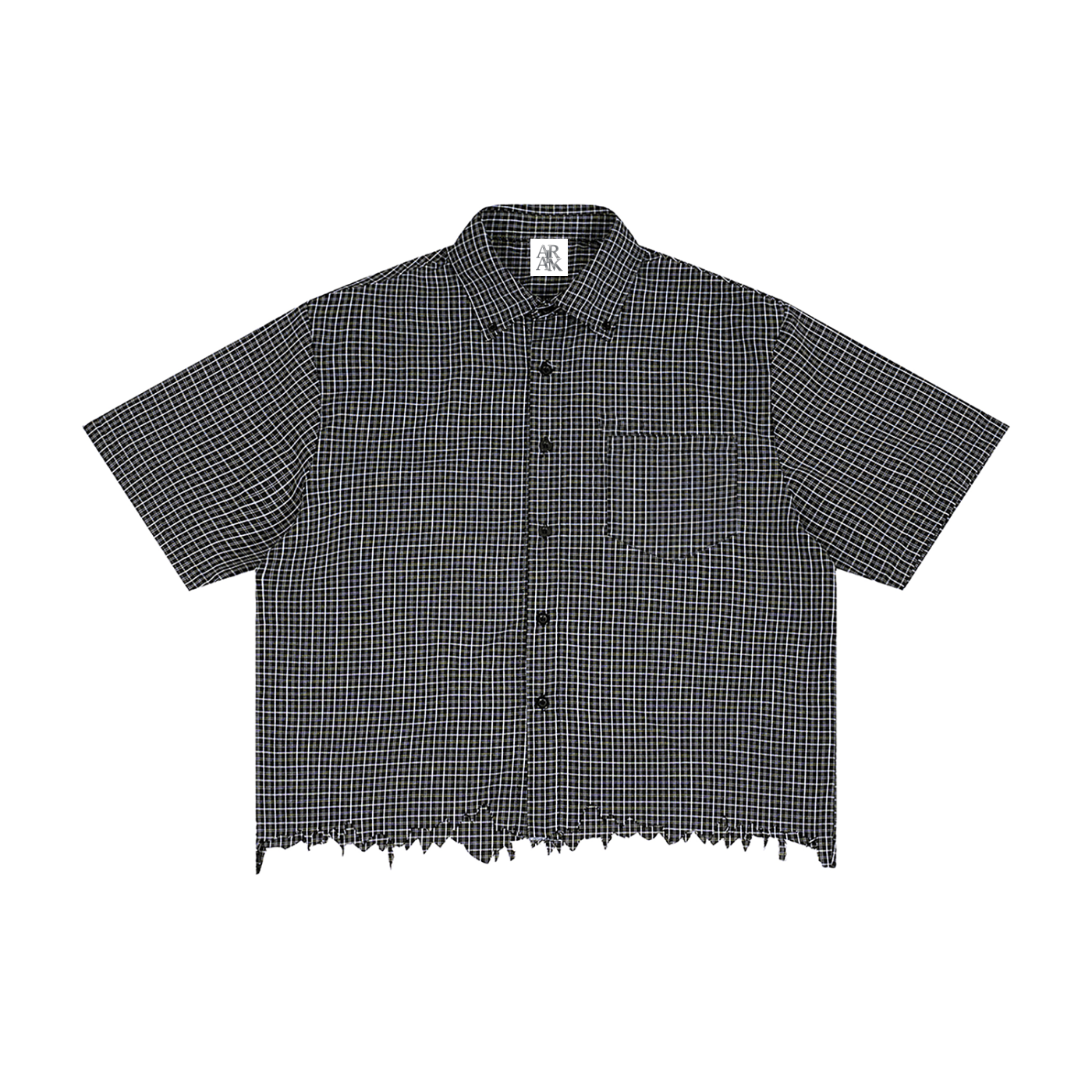 Checkered short-sleeve shirt with a frayed hem, front pocket, and button-up design in dark colors.