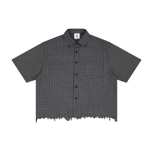 Checkered short-sleeve shirt with a frayed hem, front pocket, and button-up design in dark colors.