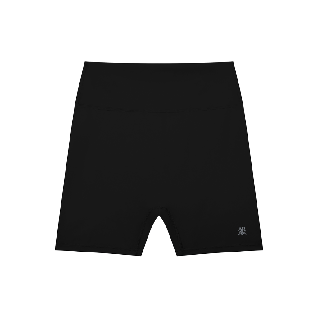 Black athletic shorts with a small logo on the lower left corner, set against a white background.