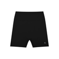 Black athletic shorts with a small logo on the lower left corner, set against a white background.