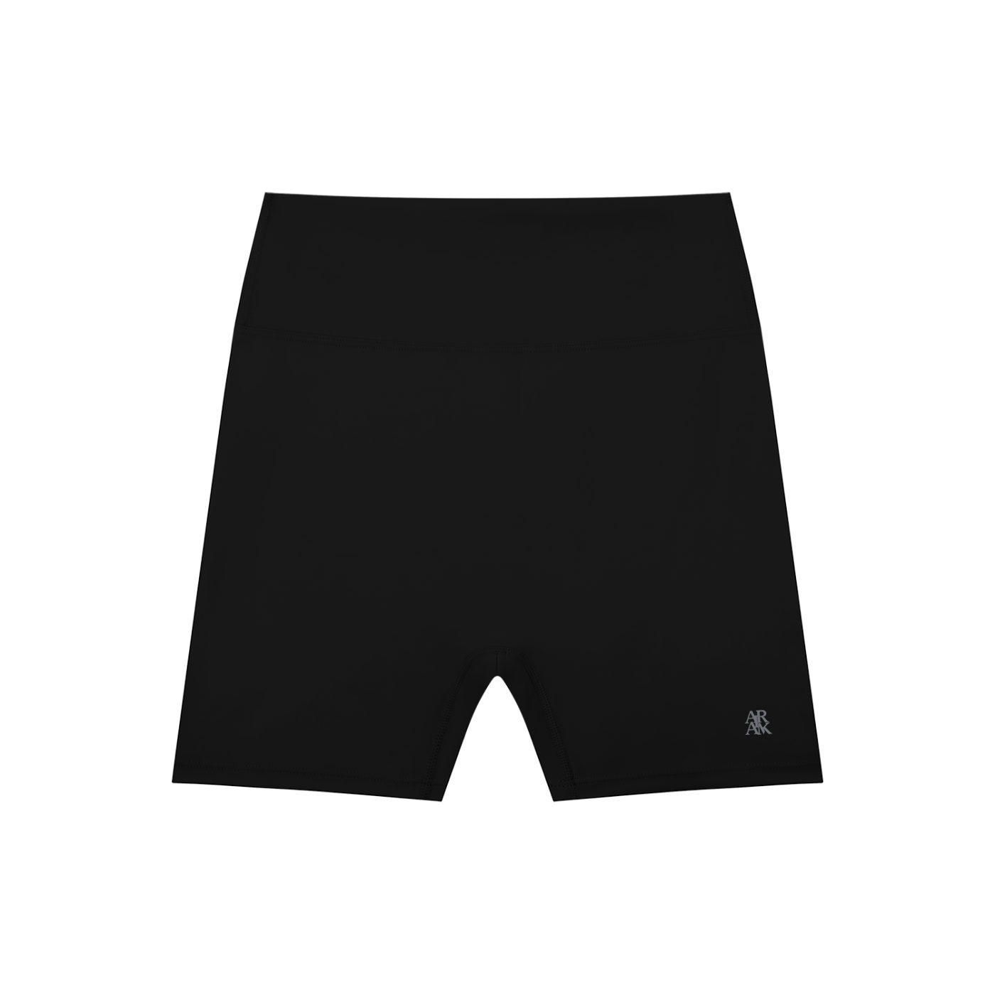 Black athletic shorts with a small logo on the lower left corner, set against a white background.