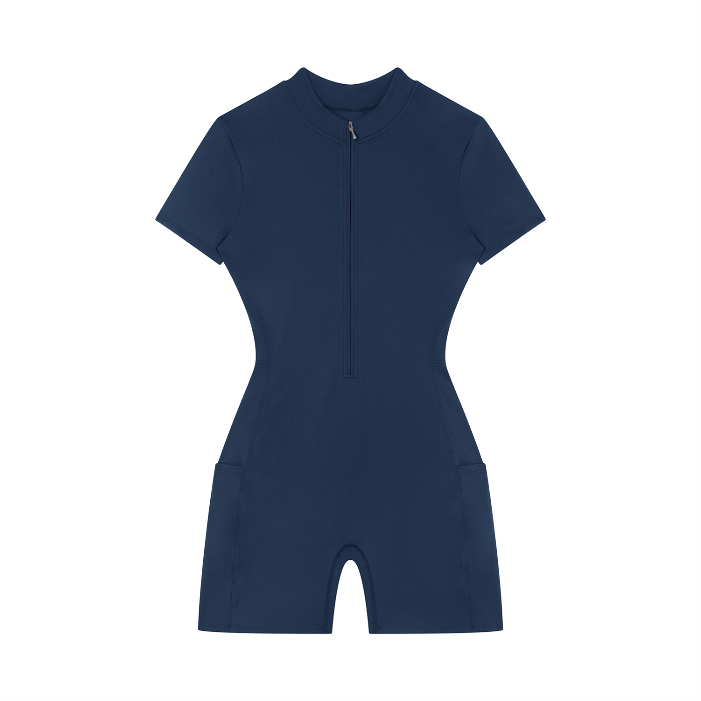 Navy blue short-sleeve romper with a front zipper and fitted waist.