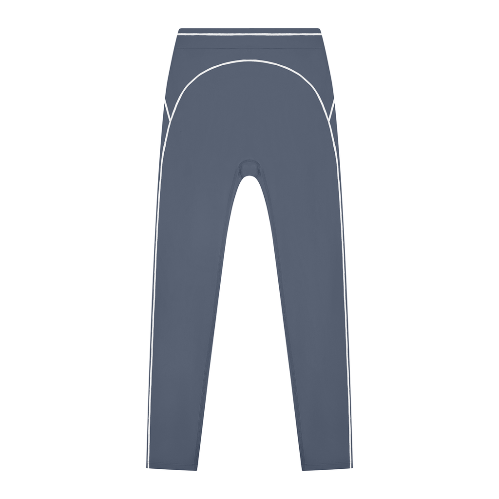 Dark gray leggings with white piping detail along the sides and curve.