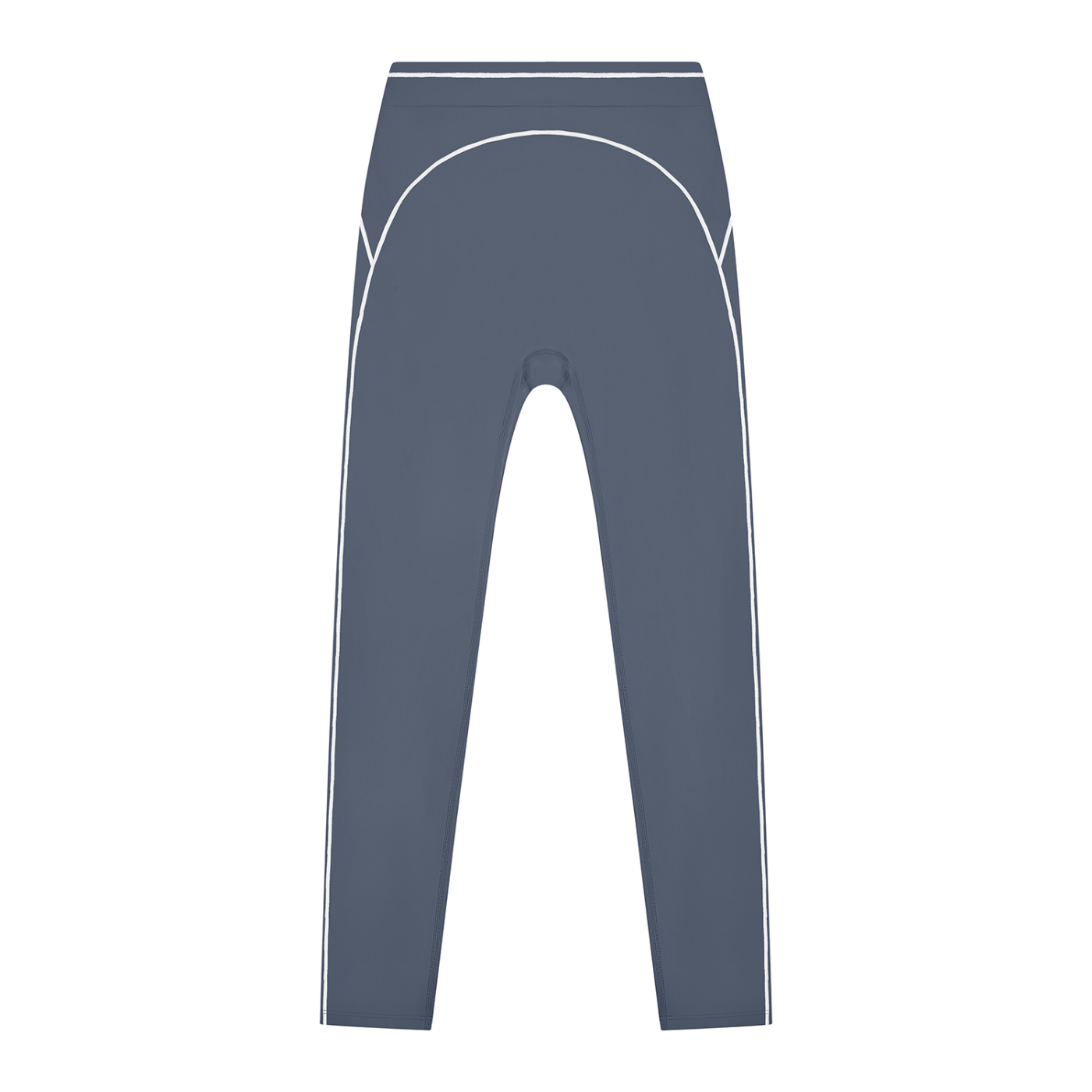 Dark gray leggings with white piping detail along the sides and curve.