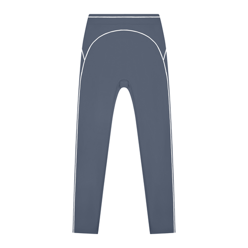 Dark gray leggings with white piping detail along the sides and curve.