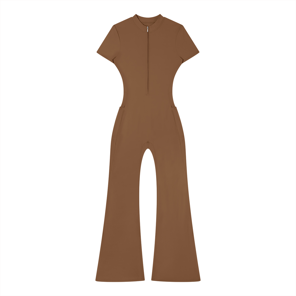 Brown fitted jumpsuit with short sleeves and flared legs on a white background.