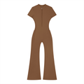 Brown fitted jumpsuit with short sleeves and flared legs on a white background.