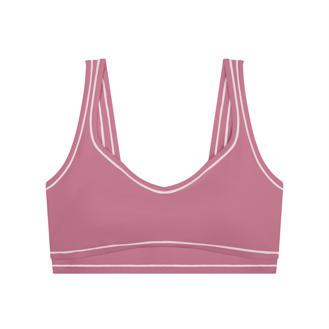 Pink sports bra with white trim and double straps, set against a plain white background.