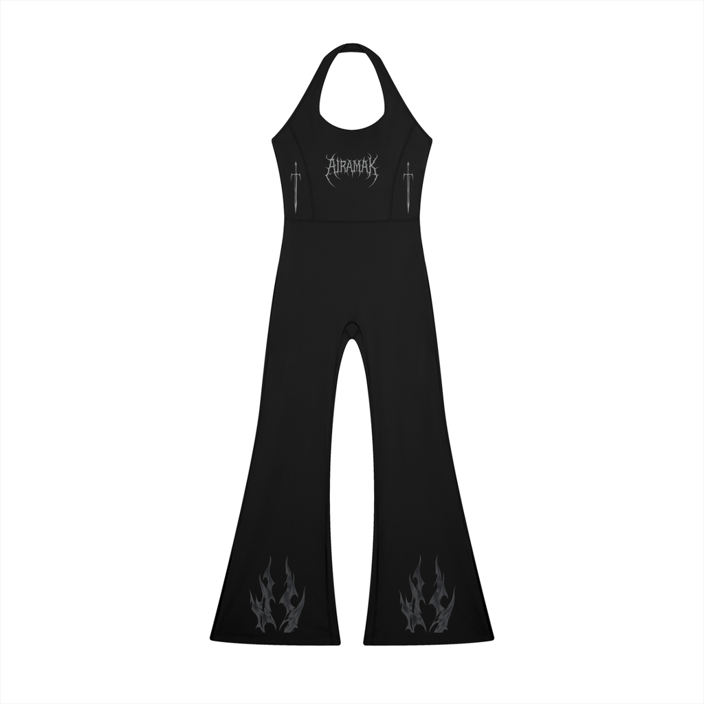 Black halter jumpsuit with flame designs on flared legs and cross accents on the chest.