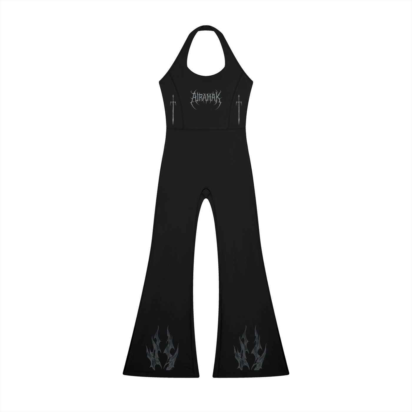 Black halter jumpsuit with flame designs on flared legs and cross accents on the chest.