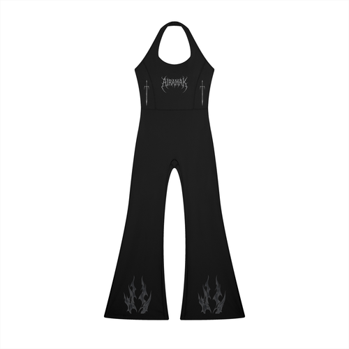 Black halter jumpsuit with flame designs on flared legs and cross accents on the chest.