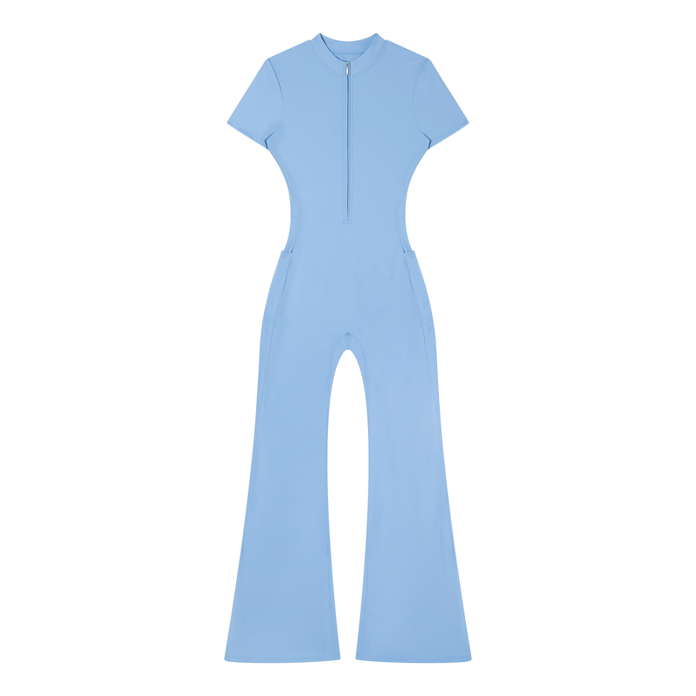 Light blue short-sleeve jumpsuit with a fitted waist and flared legs on a white background.