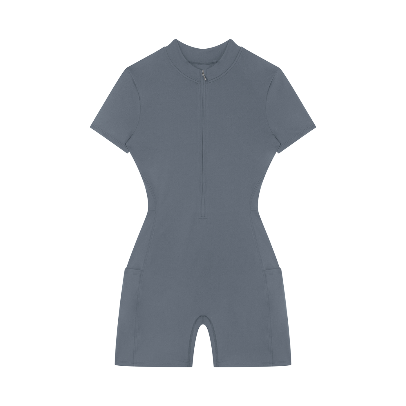 Gray short-sleeve romper with zipper front, form-fitting design, and side pockets.