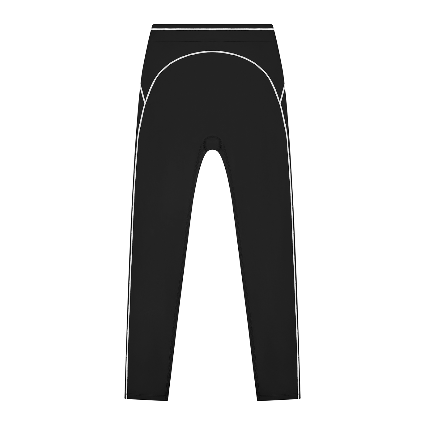 Black leggings with white piping along the seams and a high waistband.