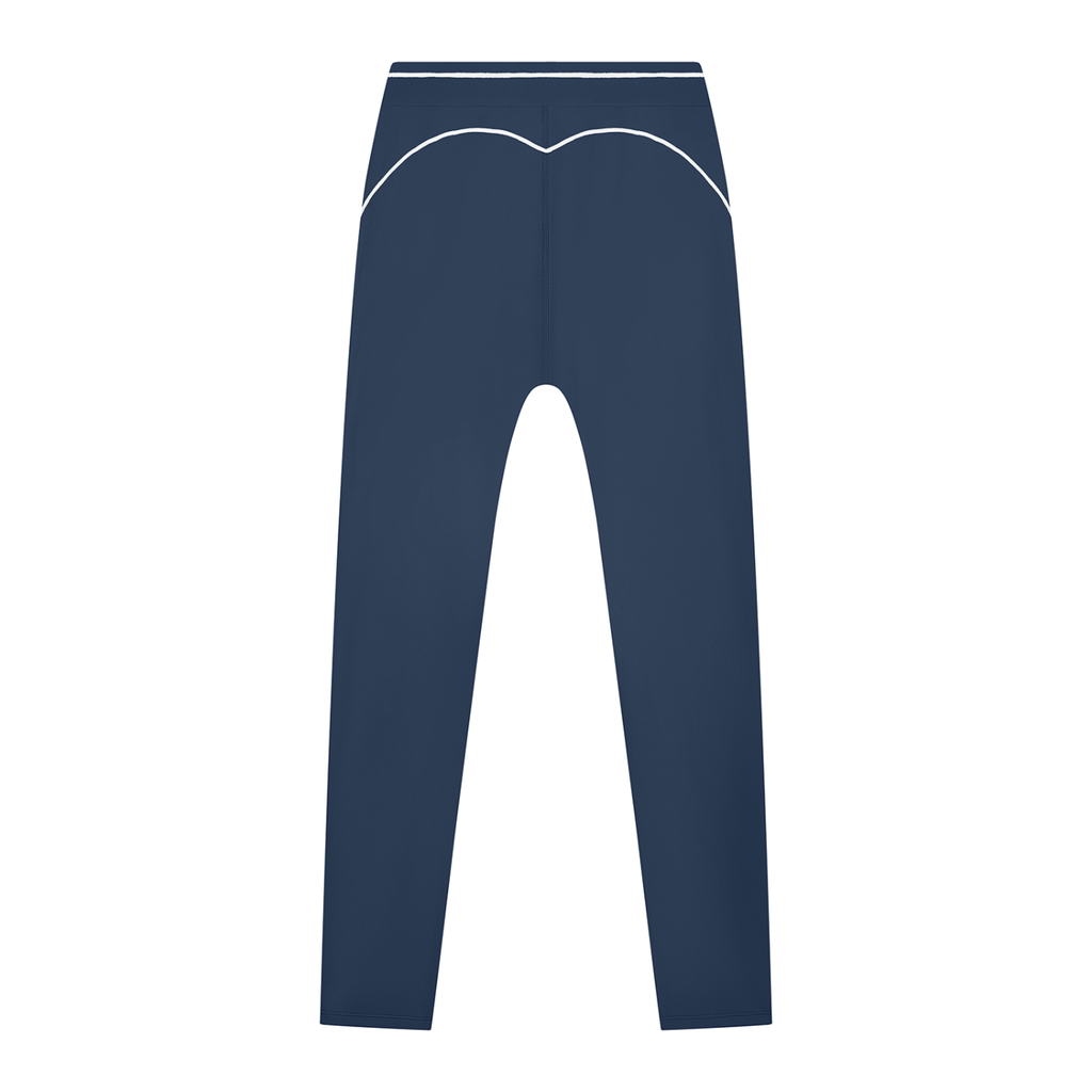 Dark blue leggings with white stitching details along the waistband and back.