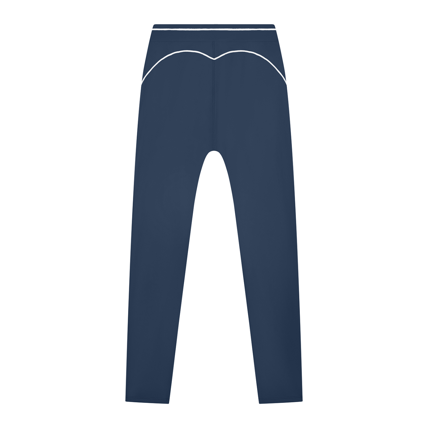 Dark blue leggings with white stitching details along the waistband and back.