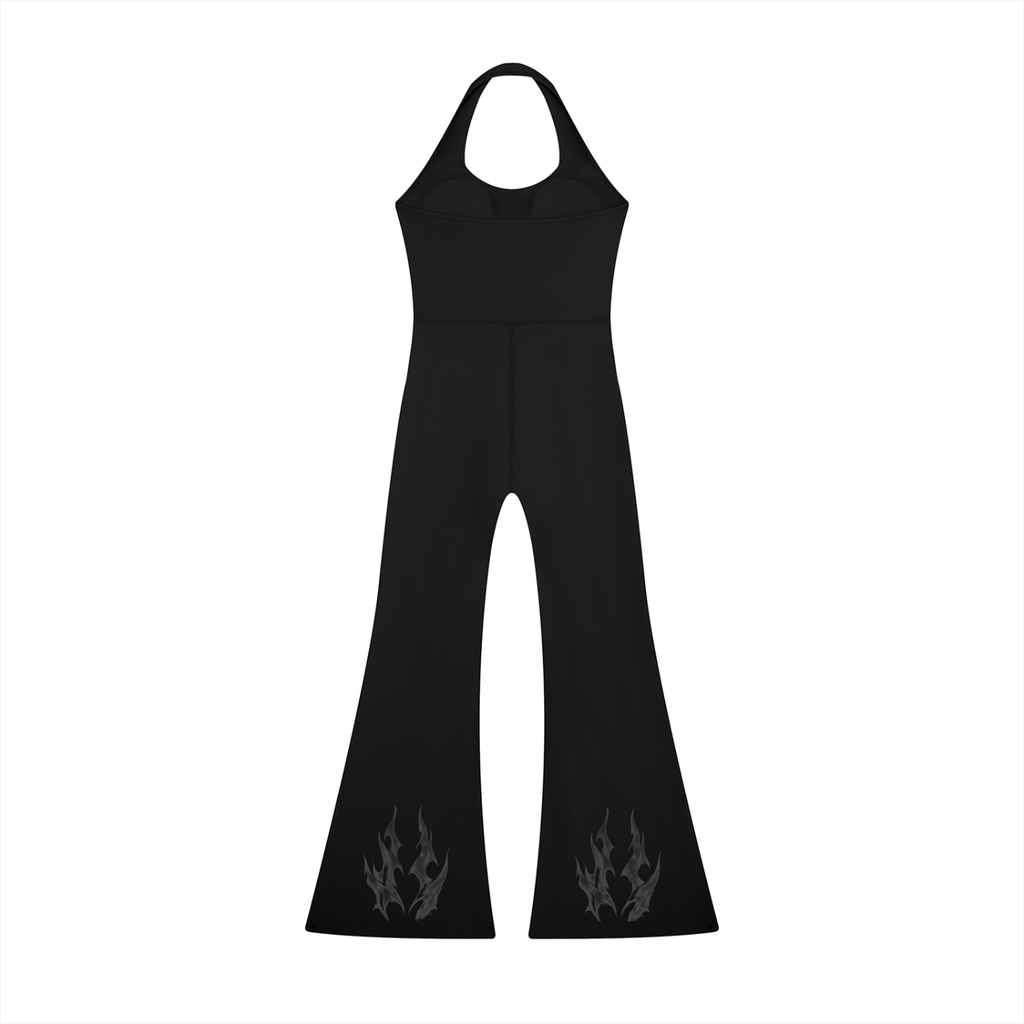 Black halter flared jumpsuit with subtle gray flame patterns at the bottom.