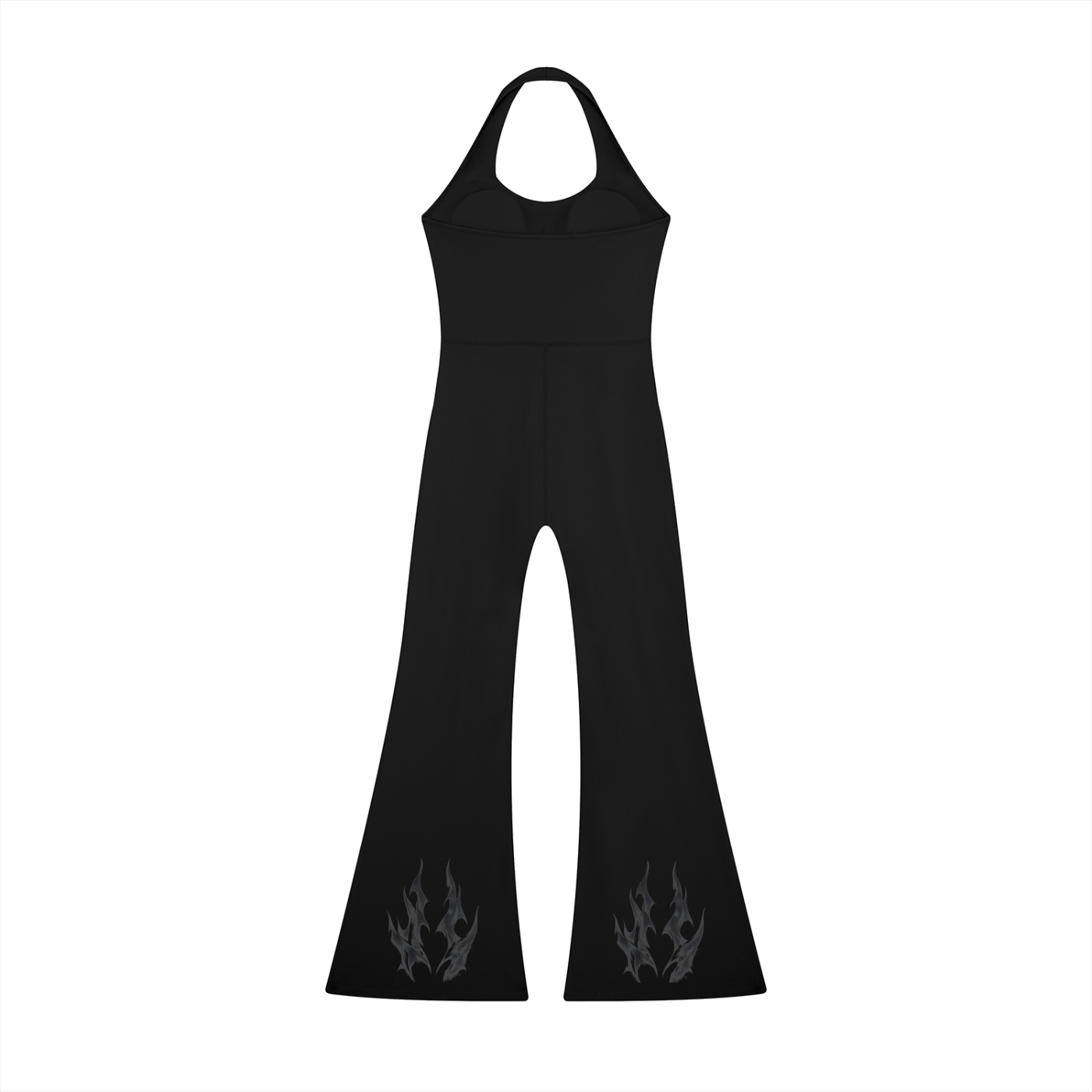 Black halter flared jumpsuit with subtle gray flame patterns at the bottom.