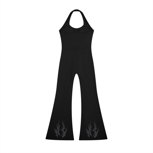 Black halter flared jumpsuit with subtle gray flame patterns at the bottom.