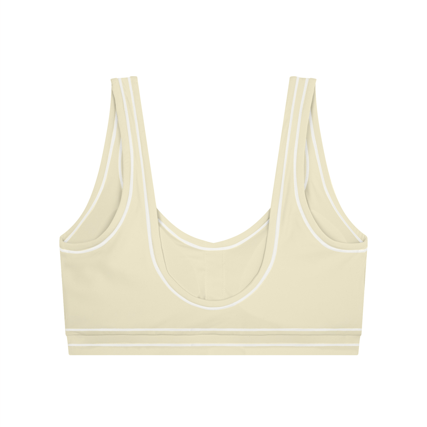 Beige sports bra with white trim, featuring a scoop neckline and racerback design.