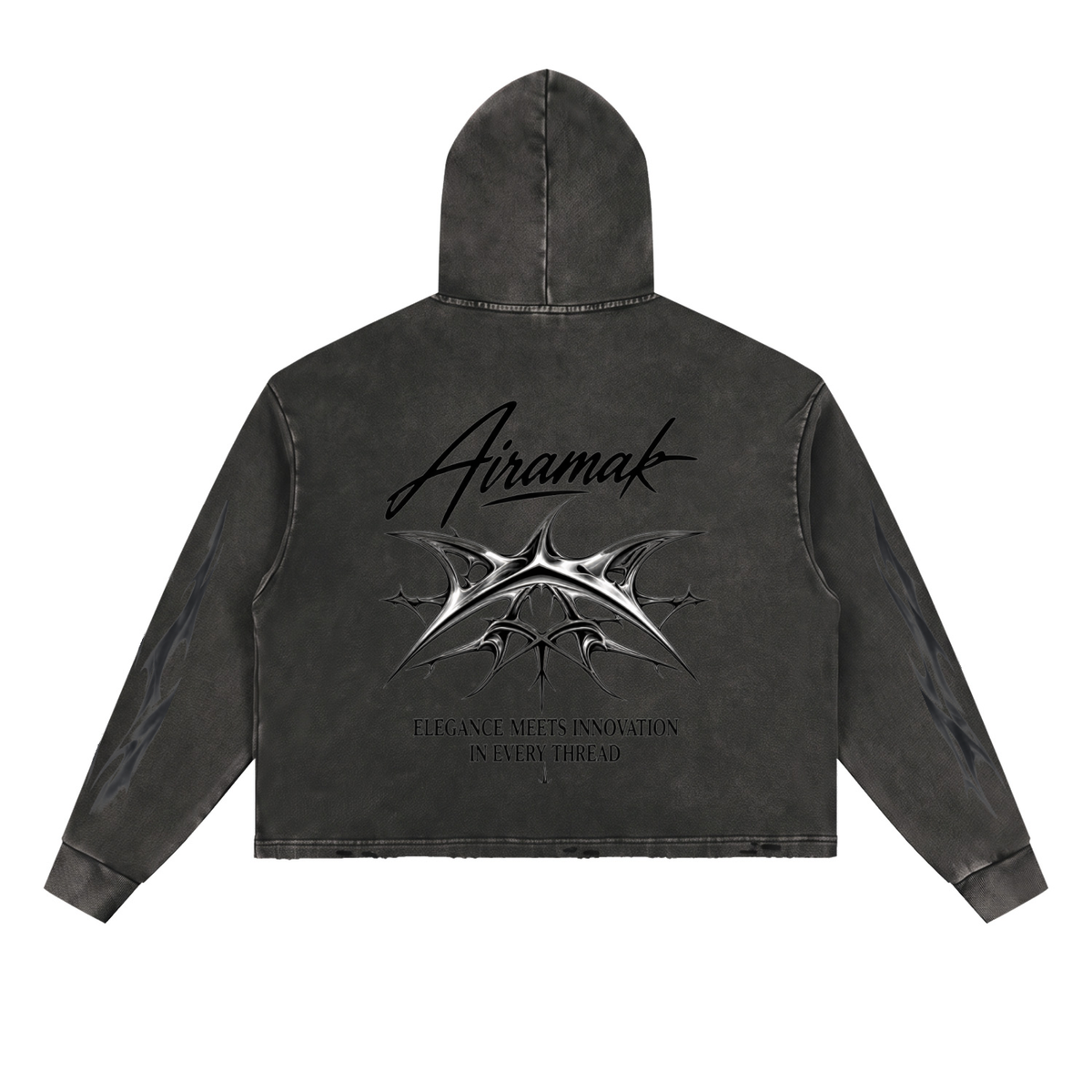 Dark gray hoodie with black text and abstract design on back, featuring a hood and cuffs.