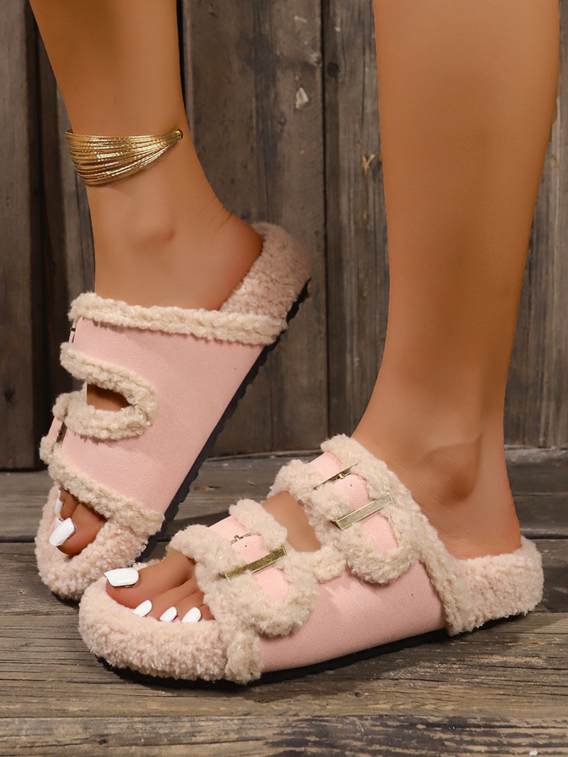 Fur Contrast Open Toe Slippers