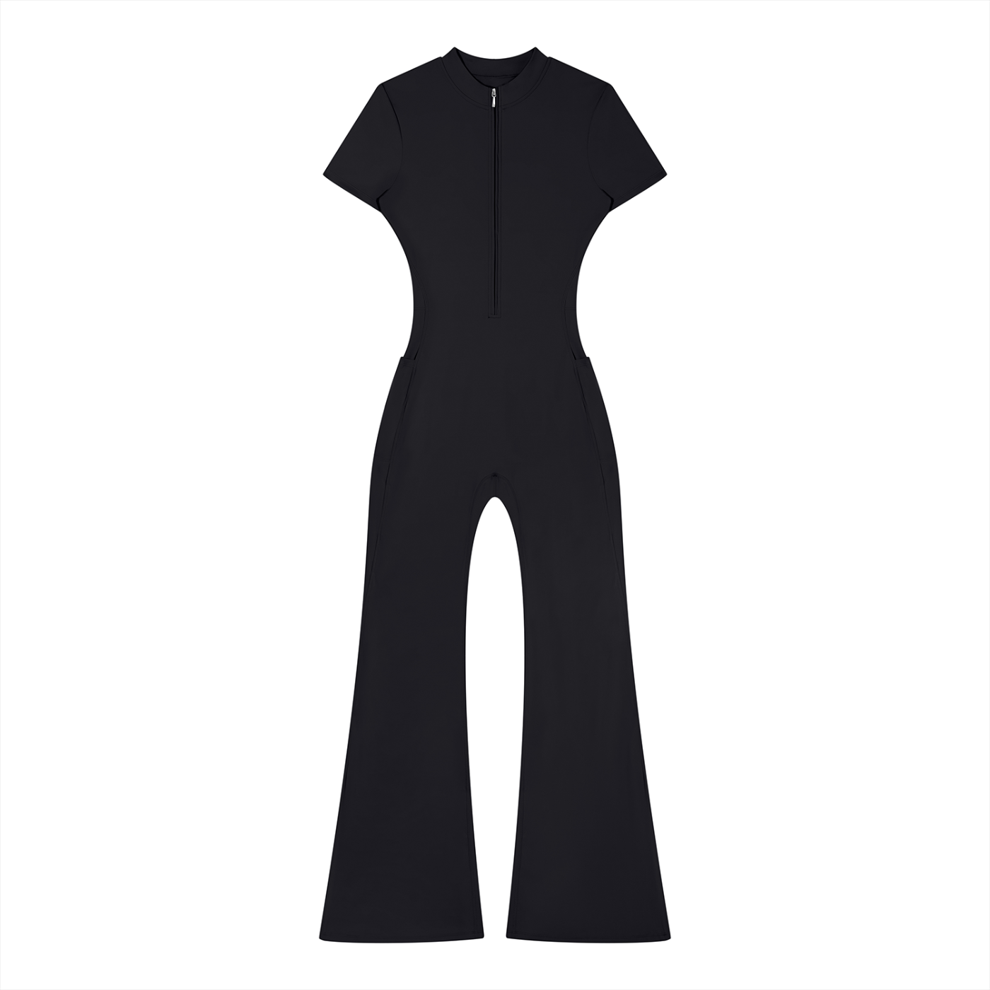 Black short-sleeve jumpsuit with flared legs, front zipper, and fitted waist on white background.