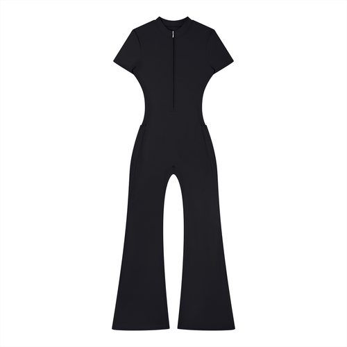 Black short-sleeve jumpsuit with flared legs, front zipper, and fitted waist on white background.