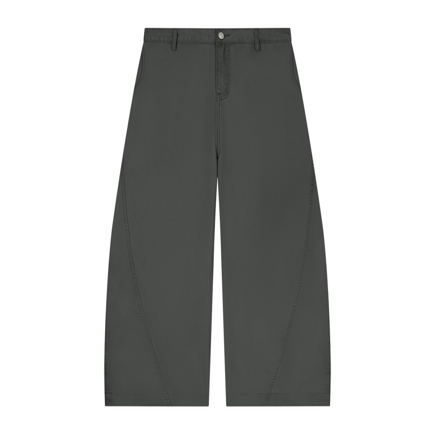 Dark gray wide-leg pants with buttoned waistband and subtle seam detailing.